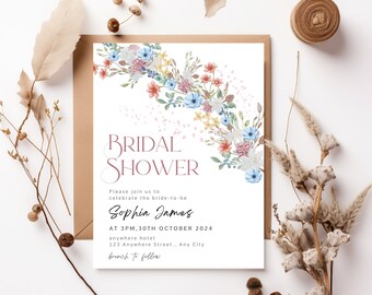 Spring Bridal Invitation, Bridal Shower Invite Floral, Floral Invitation, Colorful Spring Floral Invite Template, Wildflowers Invitation