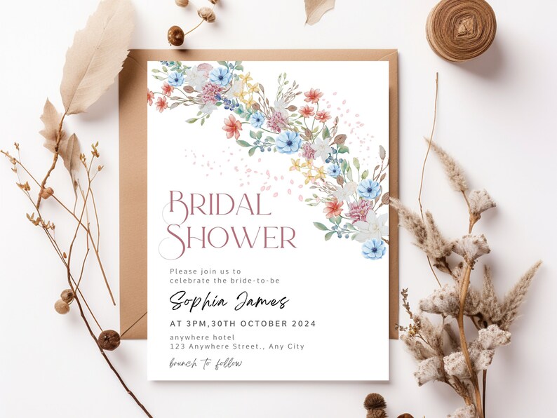 Spring Bridal Invitation, Bridal Shower Invite Floral, Floral Invitation, Colorful Spring Floral Invite Template, Wildflowers Invitation image 1
