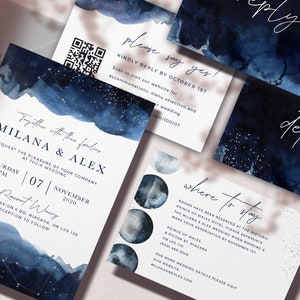 Celestial Invitation Suite, Blue Watercolor Invitation, Starry Night Wedding, Boho Stars and Moon Theme, Written in the Stars, CELBLU