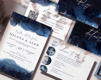 Celestial Invitation Suite, Blue Watercolor Invitation, Starry Night Wedding, Boho Stars and Moon Theme, Written in the Stars, CELBLU