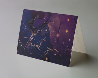 Abstract Galaxy Thank You Card, Celestial Wedding, Purple and Gold Thank You Note, Printable In Lieu of Favor, Starry Night Wedding, Galaxia