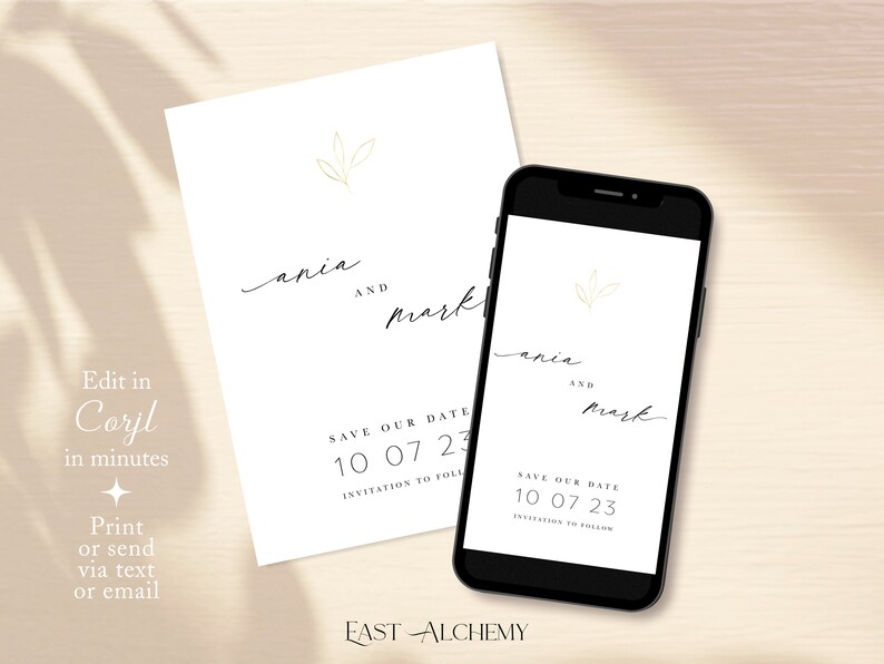 Elegant Save the Date Invite, Modern Save the Date Invitation Template, Minimalist Save The Date, White and Gold Save the Date Cards, Ania image 2