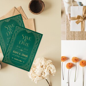 May include: Two emerald green "Save the Date" cards with gold lettering and decorative borders, along with matching envelopes. The cards announce a wedding date of June 7, 2024, for Laura & Joseph. The image also includes a white gift box with a gold ribbon and orange flowers.
