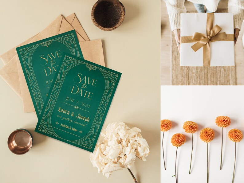 May include: Two emerald green "Save the Date" cards with gold lettering and decorative borders, along with matching envelopes. The cards announce a wedding date of June 7, 2024, for Laura & Joseph. The image also includes a white gift box with a gold ribbon and orange flowers.