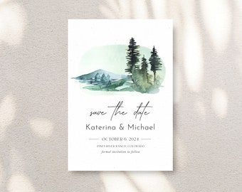 Watercolor Mountains Wedding Invitation, Rustic Invitation, Sage Green Invitation, Outdoors Wedding, Enchanted Forest, Piney River