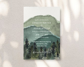 Mountains & Forest Wedding Invitation, Sage Green Invitation, Abstract Mountains, Watercolor Invitation, Enchanted Forest, Terranova