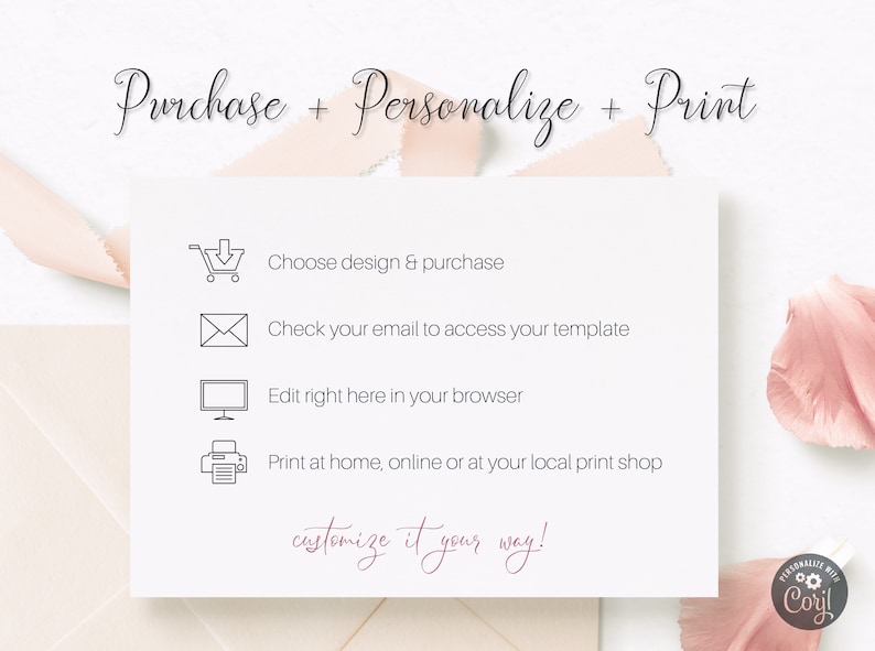 May include: A white card with the text "Purchase + Personalize + Print" and instructions for choosing a design, accessing a template, editing, and printing. The phrase "customize it your way!" is written in a cursive font.