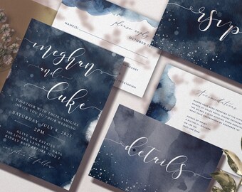 Moody Watercolor Invitation Suite, Celestial Wedding Invitation Set, Starry Night Invitation, Dark Watercolor Invitation Suite, MWC