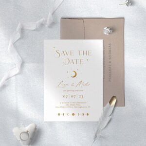 Minimalist Celestial Save the Date, White and Gold Invite, Moon and Stars Theme, Moon Phases, Under the Stars Union, White Celestial Wedding image 8