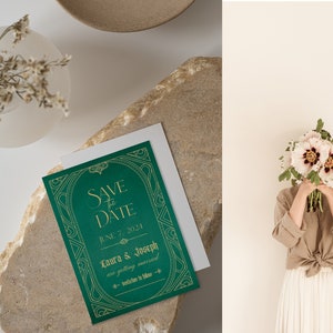 May include: A green and gold "Save the Date" card with an art deco design, featuring the date June 7, 2024, and names. The card is on a stone surface with a white envelope. A person holds a bouquet of pink flowers.