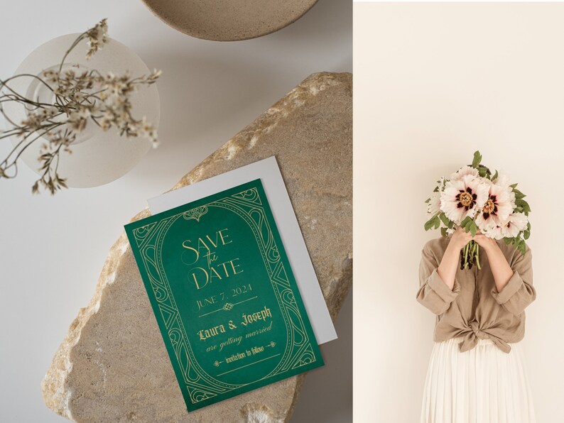 May include: A green and gold "Save the Date" card with an art deco design, featuring the date June 7, 2024, and names. The card is on a stone surface with a white envelope. A person holds a bouquet of pink flowers.