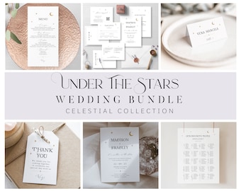 Minimal Celestial Wedding Bundle, Digital Printable Templates, Modern Calligraphy Celestial Wedding Suite, Under the Stars, UTSW