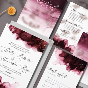 Crimson Cherry Invitation Suite, Wine Tones, Burgundy Watercolor Wedding, Calligraphy Font Invitation, Edgy Magenta, Red Rose Ombre, BURG