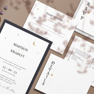 May include: Elegant wedding invitation suite featuring a main invitation, RSVP card, details card, and other stationery. The design includes celestial elements like stars and crescent moons, with the names "Madison Bradley" in a stylish font. The date is September 22, 2023.