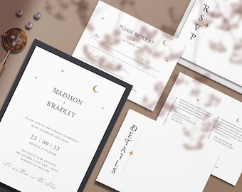 Puede incluir: Conjunto de invitaciones de boda con invitación principal, tarjeta RSVP y tarjeta de detalles. El diseño incluye estrellas y lunas, con los nombres "Madison Bradley". La fecha es el 22 de septiembre de 2023. Diseño elegante y minimalista.