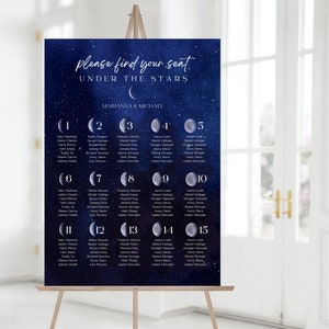 May include: A navy blue wedding seating chart with white text that reads "please find your seat under the stars." The chart features a starry night sky design with moon phases and guest names listed under each phase.