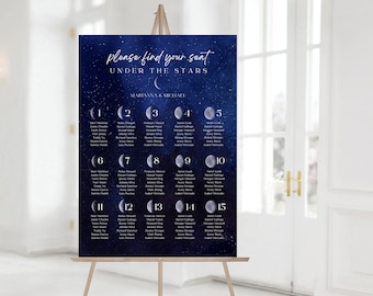 Blue Starry Night Seating Chart, Blue Watercolor Night Sky, Starry Galaxy, Celestial Seating Chart, Celestial Wedding Signs, Moon Phases