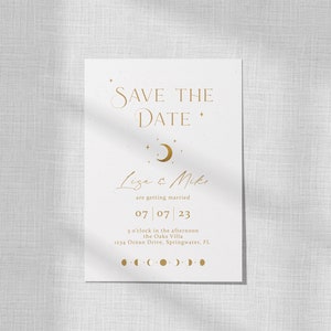 Minimalist Celestial Save the Date, White and Gold Invite, Moon and Stars Theme, Moon Phases, Under the Stars Union, White Celestial Wedding image 7