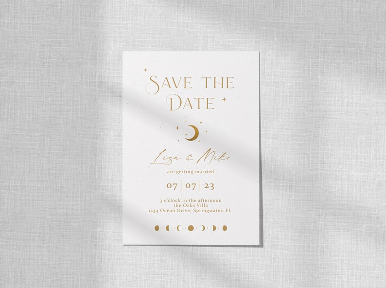 Minimalist Celestial Save the Date, White and Gold Invite, Moon and Stars Theme, Moon Phases, Under the Stars Union, White Celestial Wedding image 7