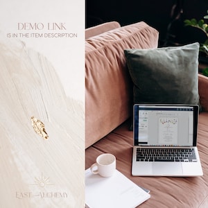 May include: A laptop displaying a floral invitation design sits on a pink sofa next to a white mug and a stack of paper. The text "DEMO LINK IS IN THE ITEM DESCRIPTION" is visible. The East Alchemy logo is at the bottom.