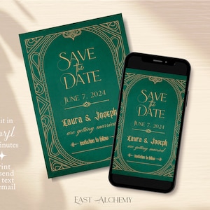 May include: Emerald green "Save the Date" card and smartphone screen with gold lettering and decorative borders. The card and phone display the text "Save the Date," the date, and names. The card also includes the text "Edit in Corjl in minutes" and "Print or send via text or email."