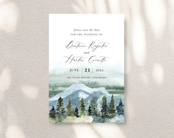 Invitación de boda de picos de montaña, invitación rústica, invitación verde salvia, boda de invierno, invitación de Mountain View, bosque encantado