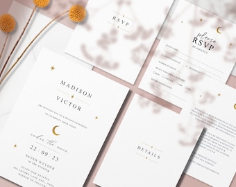 Minimal Celestial Wedding Suite, Under the Moon, Gold Stars and Moon Crescent, Stars and Moon theme Starry Night, Invitation Bundle