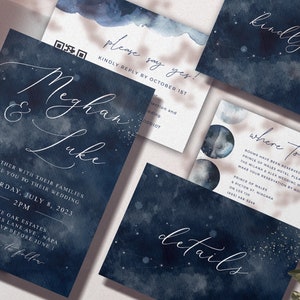 Celestial Zodiac Wedding Suite, Astrology Constellations, Dark Moody Wedding Suite, Blue Watercolor Splashes, Liquid Smoke Effect, ZCW