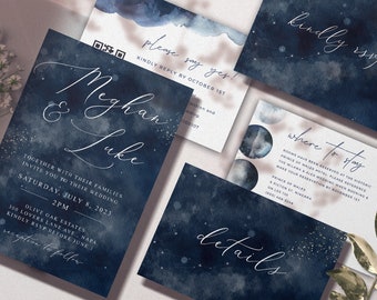 Celestial Zodiac Wedding Suite, Astrology Constellations, Dark Moody Wedding Suite, Blue Watercolor Splashes, Liquid Smoke Effect, ZCW