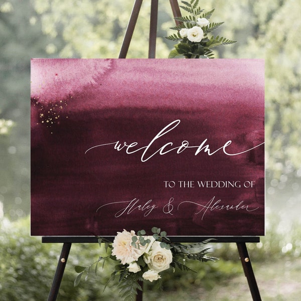 Crimson Cherry Welcome Sign, Wine Tones, Burgundy Watercolor Wedding Signs, Calligraphy Font, Edgy Magenta Shower, Red Rose Ombre Sign, BURG
