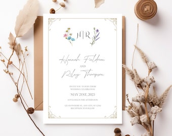 Spring Floral Wedding Invitation, Elegant Flowers Wedding Invite, Wildflowers Invitation, Floral Invite Template, Wildflower Wreath Invite
