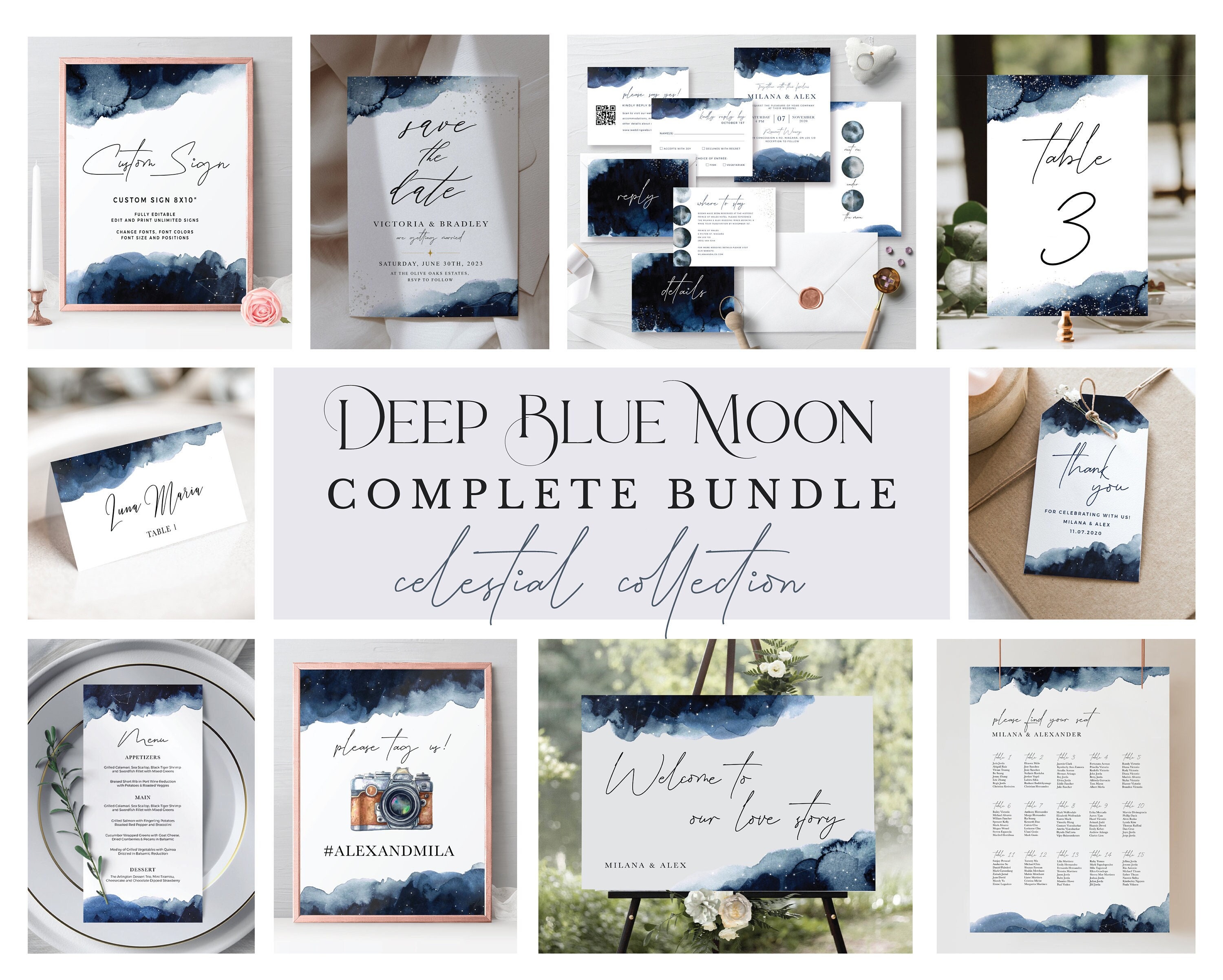 Celestial Wedding Bundle, Printable Wedding Signage, Blue Watercolor ...