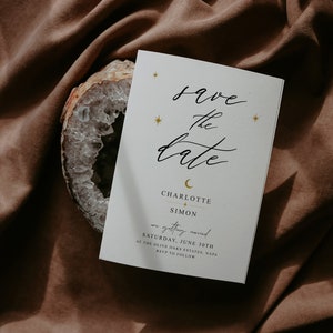 Minimalist Celestial Save the Date, Under the Moon, Gold Stars and Moon Crescent, Celestial Wedding, Stars and Moon theme, UTMW