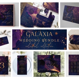 May include: A collection of celestial-themed wedding stationery. The designs feature a dark blue and purple watercolor background with gold accents and stars. Includes invitations, thank you cards, and signage.