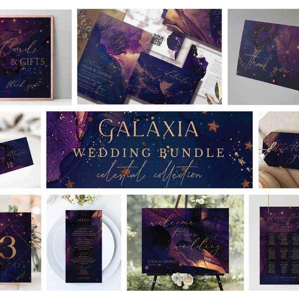 Galaxy Wedding Bundle, Pack de mariage céleste, Mariage galaxie pourpre, Thème de mariage interstellaire, Mariage violet et or, Galaxia