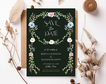 Dark Floral Save the Date, Flower Wedding Invite, Spring Wildflowers Save the Date, Botanical Garden Template, Whimsical Floral Invite