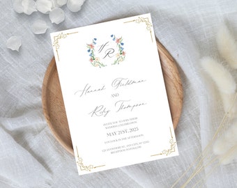 June Floral Wedding Invitation, Spring Flowers Wedding Invite, Wildflowers Invitation, Floral Invite Template, Elegant Floral Wreath