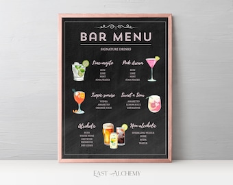 May include: A framed bar menu with a black chalkboard background and a rose gold frame. The menu features signature drinks like Lime-mojito, Pink dream, Tropic sunrise, and Sweet & Sour, along with alcoholic and non-alcoholic options. The text "BAR MENU" is at the top.