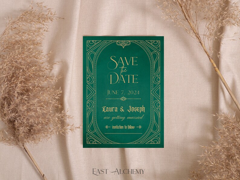 May include: Emerald green "Save the Date" card with gold lettering and decorative border. The card reads "Save the Date" with the date June 7, 2024, and the names Laura & Joseph. The words "are getting married" and "invitation to follow" are also included.