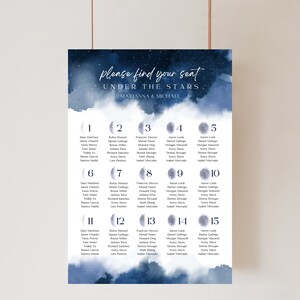 Starry Night Seating Chart, Blue Watercolor Night Sky, Starry Galaxy, Celestial Seating Chart, Celestial Wedding Decor, Moon Phases