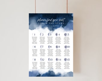 Starry Night Seating Chart, Blue Watercolor Night Sky, Starry Galaxy, Celestial Seating Chart, Celestial Wedding Decor, Moon Phases