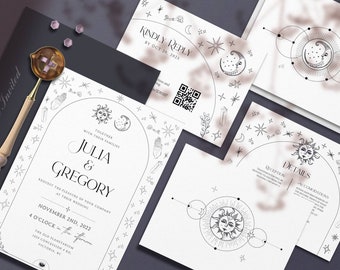 Celestial Boho Wedding Suite, Bohemian Celestial Wedding Set, Moon Stars Wedding Invite, Sun Moon and Stars Invitation, Celestial Wedding