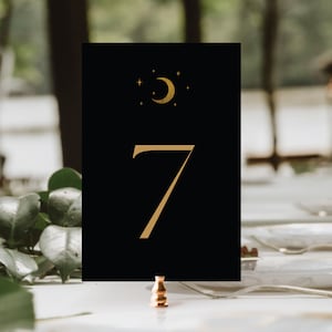 Minimal Celestial Table Number, Starry Night Reception Décor, Table Top Signs, Celestial Wedding, Moon and Stars, Black & Gold Table Numbers