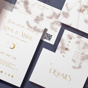 Minimal Celestial Wedding Suite, White & Gold Invite, Moon and Stars Theme, Moon Phases, Under the Stars Union, White Celestial Wedding