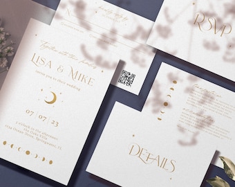 Puede incluir: Elegante juego de invitaciones de boda con letras doradas sobre papel blanco. La invitación incluye los nombres "LISA & MIKE", fecha, hora y lugar. Tarjetas adicionales incluyen RSVP, detalles y un código QR. El diseño presenta elementos celestiales.