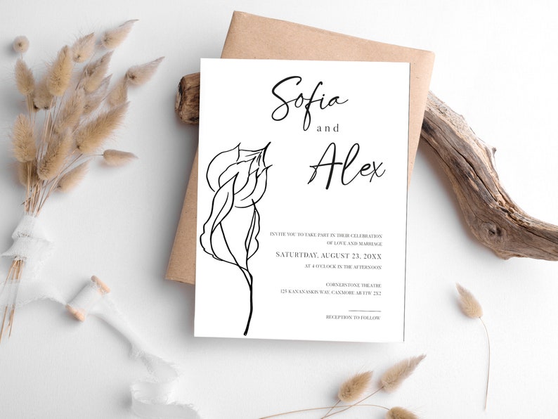 Botanical Minimalist Wedding Invitation Template Set, Elegant Floral Wedding Invitation Template Download, Printable Invitation Set, Sofia image 5