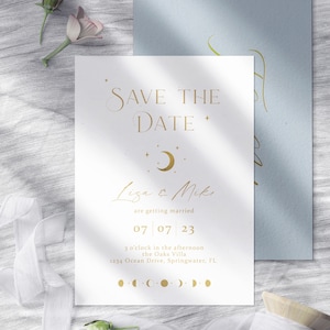 Minimalist Celestial Save the Date, White and Gold Invite, Moon and Stars Theme, Moon Phases, Under the Stars Union, White Celestial Wedding image 5