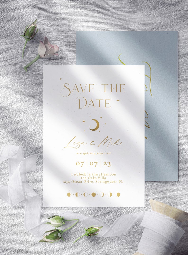 Minimalist Celestial Save the Date, White and Gold Invite, Moon and Stars Theme, Moon Phases, Under the Stars Union, White Celestial Wedding image 5
