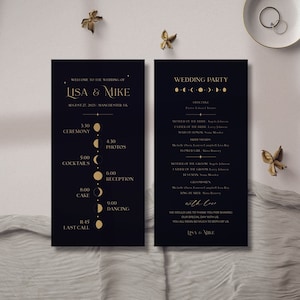 May include: Two-sided wedding program with a dark navy blue background and gold text. The program lists the wedding details, including the names Lisa & Mike, the date, and the schedule. The design includes moon phase illustrations.