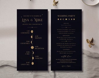 Celestial Wedding Program, Itinerary with Moon Phases, Starry Night Wedding Schedule, Moon and Stars Ceremony, Black and Gold Wedding Décor